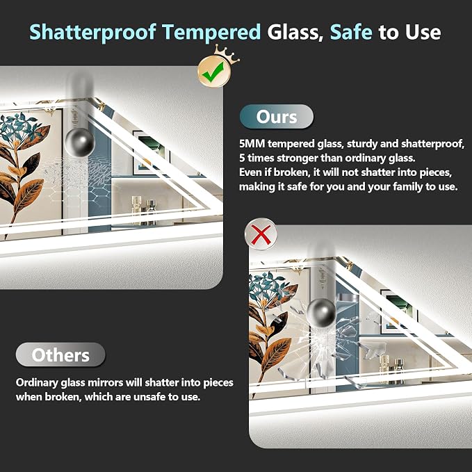 50x40 LED Bathroom Mirror, Backlit & Front Lit Lighted Mirror | Anti-Fog Vanity Mirror with Lights, 3 Color Dimmable, Memory, Shatterproof, Tempered Glass, CRI95, UL Listed, Wall Mounted