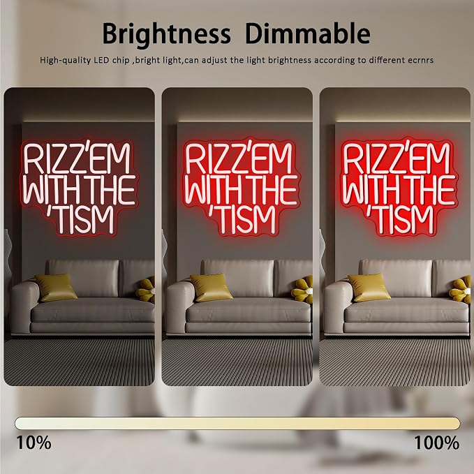 Rizz 'Em With The Tism Neon Signs for Wall Decor,Dimmable Autistic Humor Autism Awareness Neon Light,USB Neon Light for Man Cave Bedroom Kid Classroom Birthday Party Gifts (12.9 * 11in)
