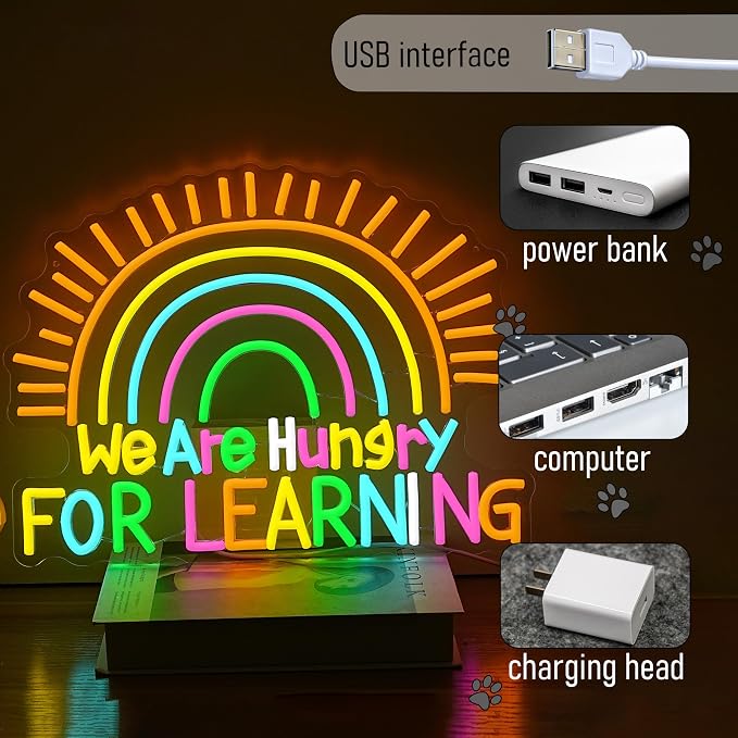 We Are Hungry For Learning Neon Sign LED Educational Light Up Sign USB Powered Rainbow Neon Light for Wall Decor Classroom Bedroom Shop Library Bookstore(16.54 * 12.6In)