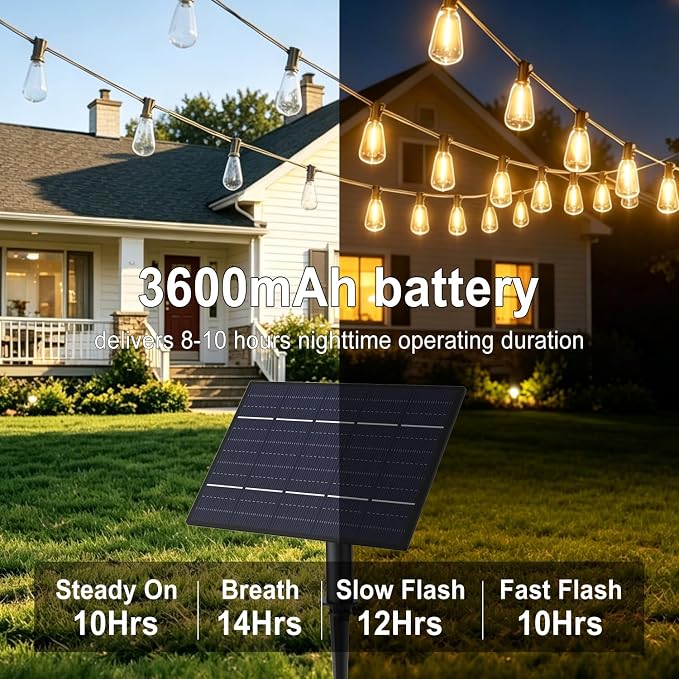 Achin 50FT Solar String Lights Outdoor with 32 LED Bulbs 1.5FT Bulbs Spacing,Patio String Lights Whith Remote, IP65 Waterproof, 3600mAm Battery (50FT 32Bulbs)