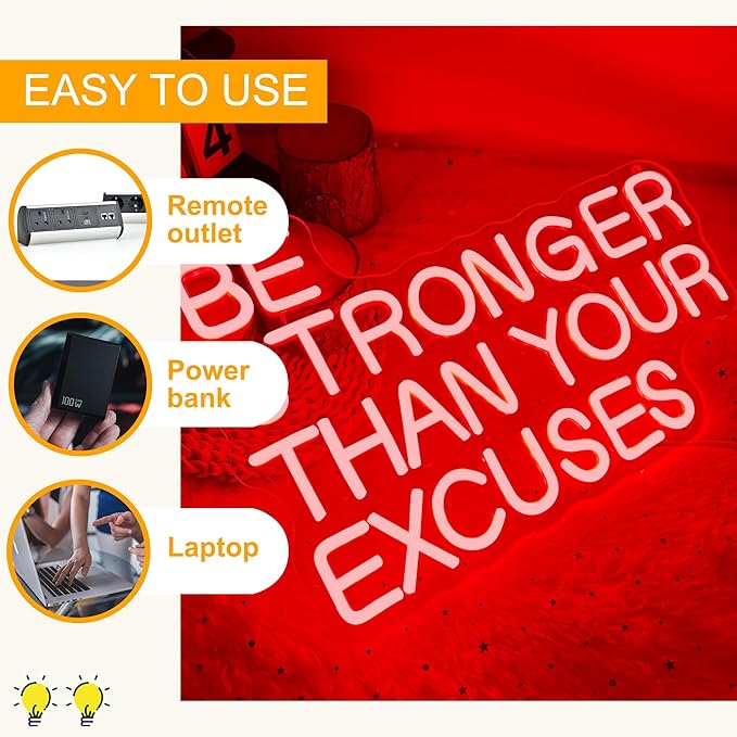 Allball Be Stronger Than Your Excuses Neon Sign, Gym Neon Light Motivational Sign USB Powered LED Dimmable, for Gym Office Classroom Bedroom Bar Gymnastic Athletes Sign(15.7 * 10.6 In)
