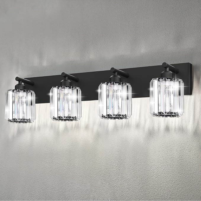 Black Crystal Bathroom Vanity Light, 4-Light Modern Bathroom Lighting Fixtures Over Mirror, Matte Black Wall Sconce Light Fixtures with Round Shade