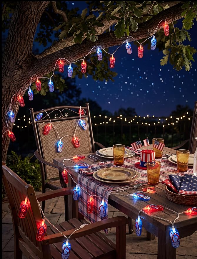 8.5Ft Tropical Beach Slipper String Lights, 4th of July American Flag | Plug in,10 LED Bulbs, Independence Day Decoration Flip Flop Lights for Patriotic Party Festival National Day, White Wir