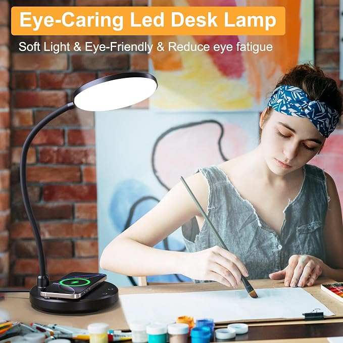 10W Wireless Charger Desk Lamps, Home Office, 800LM CRI95+,Black | Eye-Caring Led Desk Lamp with 3 Color Change, Dimmable, Adjustable Arm Table Lamp for Bedside, College Dorm, with Adapter