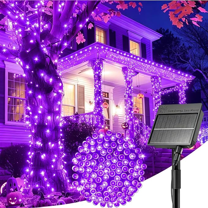 Minetom Solar Halloween Lights Outdoor, 40FT 100 LED Halloween String Light | Halloween Decoration Outdoor with 8 Modes, Black Wire, Waterproof Solar String Lights for Outside Tree Yard Party, Purple