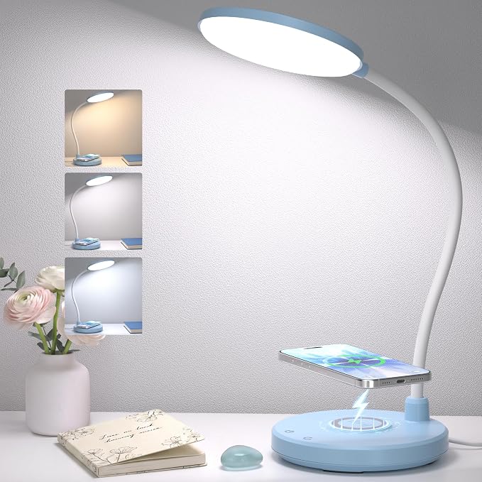 Blue Desk Lamp, Table Lamp with Wireless Charger, 800LM, CRI95+ | 3 Color Modes, Stepless Dimming, Small Desk Lamp with Adjustable Neck, Desk Light for Reading, Bedside, Dorm, with Adapter
