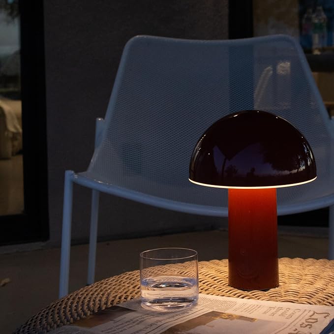Brightech Celia Mood Lamp – 10" Touch-Controlled Mushroom Table Lamp, Cordless & Dimmable LED, Portable & Rechargeable Bedside Night Light, Sustainable Recycled Modern Patio Lamp for Home Décor – Red