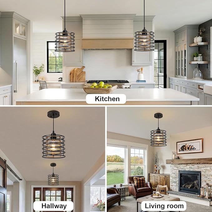 Farmhouse Pendant Lights Kitchen Island, Kitchen Hanging Light Fixtures Wood Grain Cage Metal Lighting for Dining Room Bedroom Bar Office Entryway Hallway, Industrial Black, 1 Pack