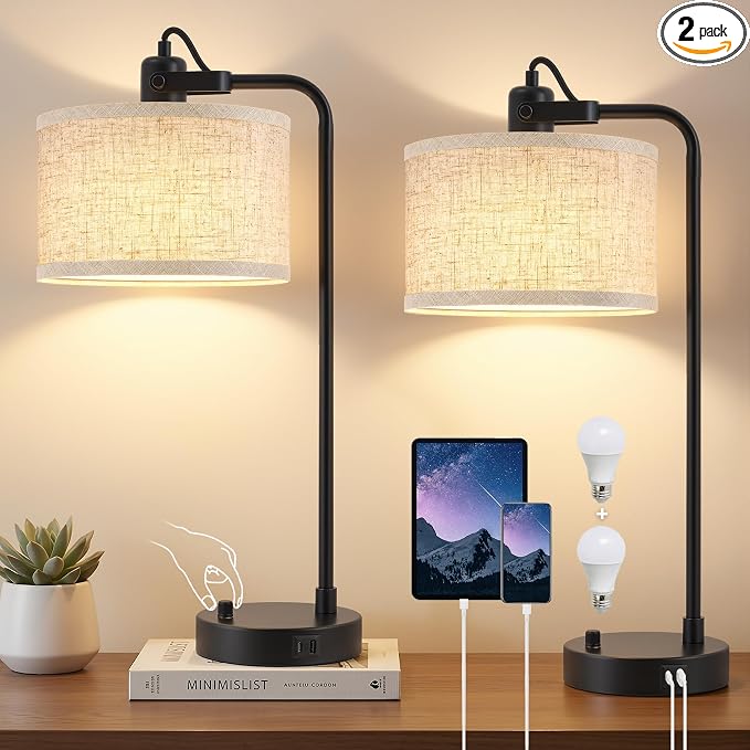 Black Table Lamp Set of 2 with USB A and C Ports, 180° Adjustable Stepless Dimming Bedside Lamps for Night Stands, E26 LED Bulb Included, Industrial Desk Lamps for Home Office, Bare Bulb Compatible