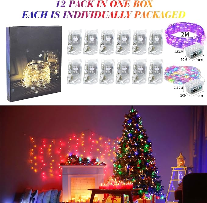 ZGWJ 12 Pack Fairy Lights, Mini String Lights, Purple and Multicolor | Battery Operated 7 FT 20 LED Waterproof 3 Modes for DIY, Parties, Wedding, Halloween, Christmas Decoration