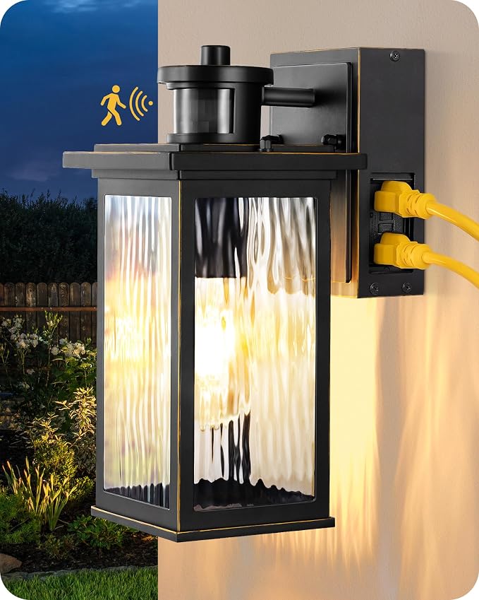 EDISHINE Outdoor Wall Lights with GFCI Outlet, Motion Sensor Dusk to Dawn | Water Ripple Glass, 3 Modes, E26 Base, 140° Angle & 33FT Range, Waterproof Wall Sconce for Porch Front Door Garage Patio