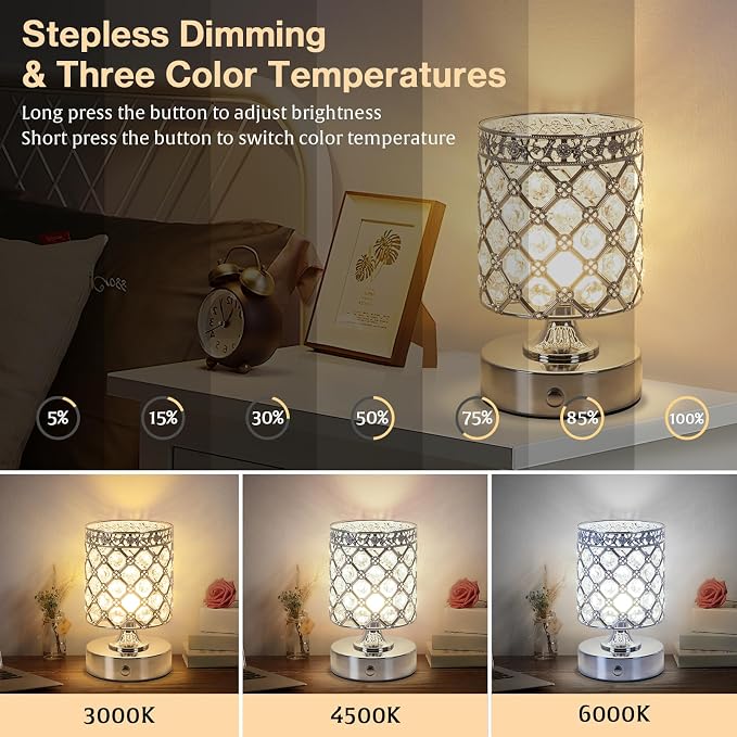 Silver Small Crystal Rechargeable Cordless Table Lamps Set of 2 | 6000mAh Battery, 3 Color Temps, Stepless Dimming, Touch Control, Portable Wireless Night Light for Bar Bedroom Living Room
