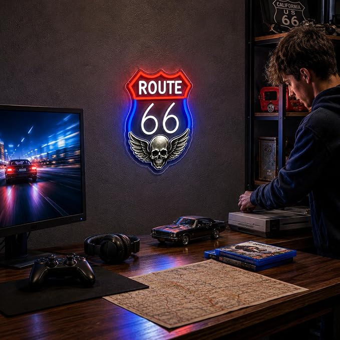 Route 66 Neon Sign Vintage LED Wall Decor Skull Wings Garage Man Cave Light