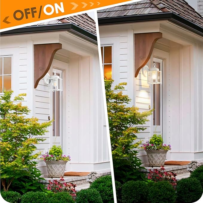 Outdoor Wall Lantern, Exterior White Waterproof Wall Sconce Lighting Fixtures, Front Door Wall Lights with Clear Beveled Glass Shade, 2 Pack
