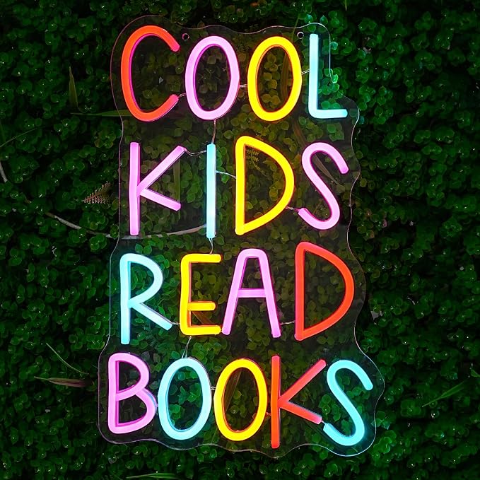 Cool Kids Read Books Neon Sign for Wall Decor Reading Letter LED Neon Lights Library Neon Light Sign Kids Room Library Classroom Reading Corner Decoration(16.5''*10.6'')