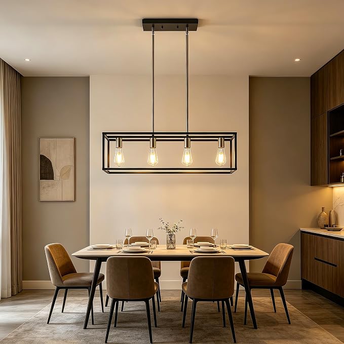 Black&Brushed Nickel Kitchen Light Fixtures Farmhouse Rectangle Chandeliers Dining Room Light for Dining Rooms, Light Fixture Matte 4-Light Industrial Pendant Lighting