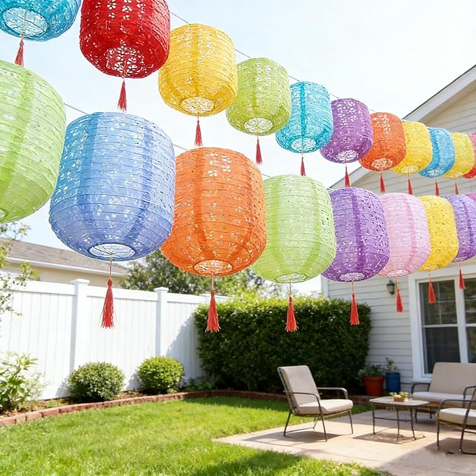 10PCS Paper Lanterns Chinese New Year Spring Festival Lantern 6inches Variety Color with LED Lights, Hanging Valentines Lanterns with Tassels Walking Sticks for Wedding Dinner Birthday Party Decor