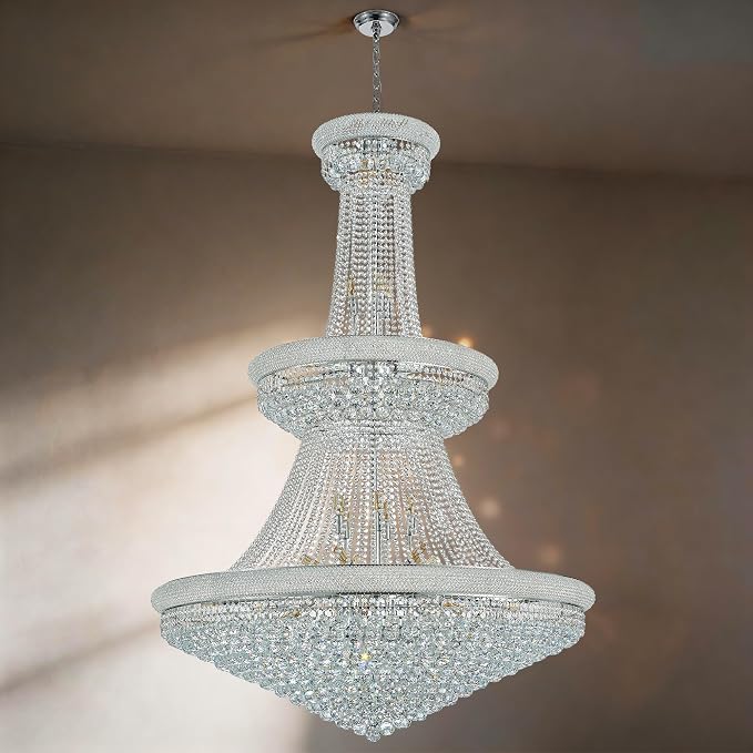 42-Lights Large Crystal Chandelier 48-Inch Modern Light Fixture - High Ceiling Foyer Lighting Fixtures Ceiling Empire Chandelier - Entryway, Dining Room, LED Chandelier 42 Bulbs Included, Silver