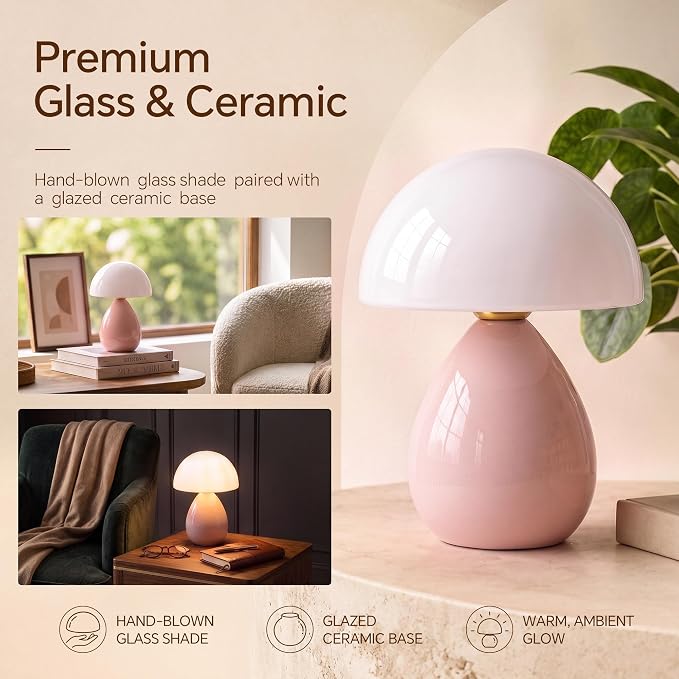 Mushroom Lamp Table Lamp for Bedroom,Ice Crackle Desk Lamp Bedside Small Lamps for Living Room Night Stands,Table Lamps Cute Modern Mid Century Lamps (Pink-Ice Crackle)