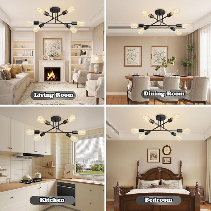 6-Light Modern Metal Ceiling Light, Black Sputnik Dining Room Light Fixture | 22" Modern Sputnik Ceiling Light Fixture with E26 Base, Chandelier Light Fixtures Ceiling Mount for Bedroom Living Room