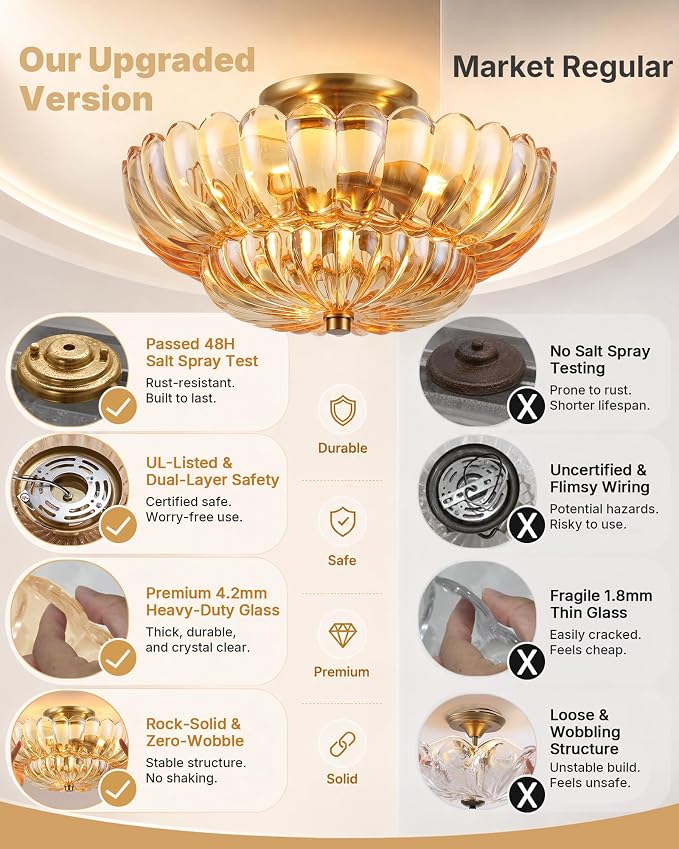 Semi Flush Mount Ceiling Light Fixture 14" Vinatge Gold Ceiling Lights Mid Century Modern Glass Close to Ceiling Lighting Fixtures for Bedroom Hallway Kitchen Laundry Room Bathroom Foyer