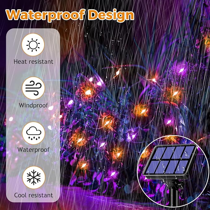 btfarm 2 Pack Solar Halloween String Lights Outdoor, Orange Purple | Total 160LED 66FT Solar Fairy Lights Outside Waterproof, 8 Modes Solar Powered Twinkle for Tree Garden Patio Spooky Decor