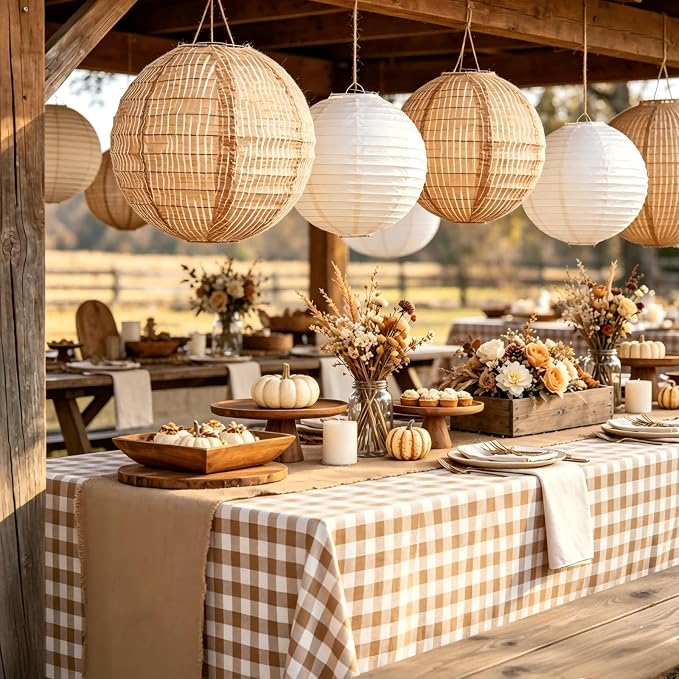 ZOOYOO Print Burlap Paper Lanterns, 8 Pcs Boho Hanging Lanterns with Rustic Pattern, Brown Burlap Paper Lanterns for Bohemian Wedding, Farmhouse Decor, Thanksgiving and Birthday, 8 and 10 Inch