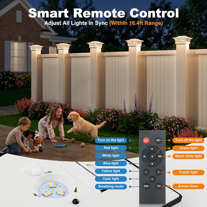 4x4 Post Solar Lights Color Changing with Remote, 6 Pack White | RGB Solar Post Lights, 4x4 Post Caps Wood Vinyl,5x5 Vinyl & 6x6 Wood,IP64 Waterproof Fence Post Solar Lights Outdoor for Deck
