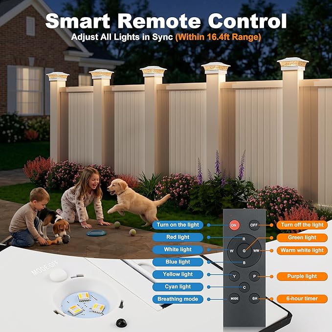 4x4 Post Solar Lights Color Changing with Remote, 8 Pack White | RGB Solar Post Lights, 4x4 Post Caps Wood Vinyl,5x5 Vinyl & 6x6 Wood,IP64 Waterproof Fence Post Solar Lights Outdoor for Deck