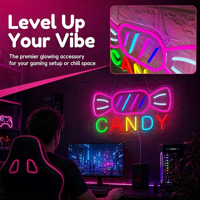 Candy Neon Sign for Wall Decor Candyland Party Decorations, Candy Bar Sign | Store Logo, Birthday Decorations, Candy Light for Candy Shop, Kids' Room, 6.5ft Dimmable USB Powered Colorful 15.7"x7.8"