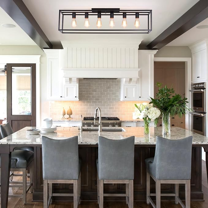 Garwarm 38" Farmhouse Kitchen Ceiling Light, Black Rectangle Flush Mount | 6-Light Farmhouse Dining Room Light Fixture, Industrial Rectangle Chandelier for Low Ceiling Living Room, Bedroom & Entryway