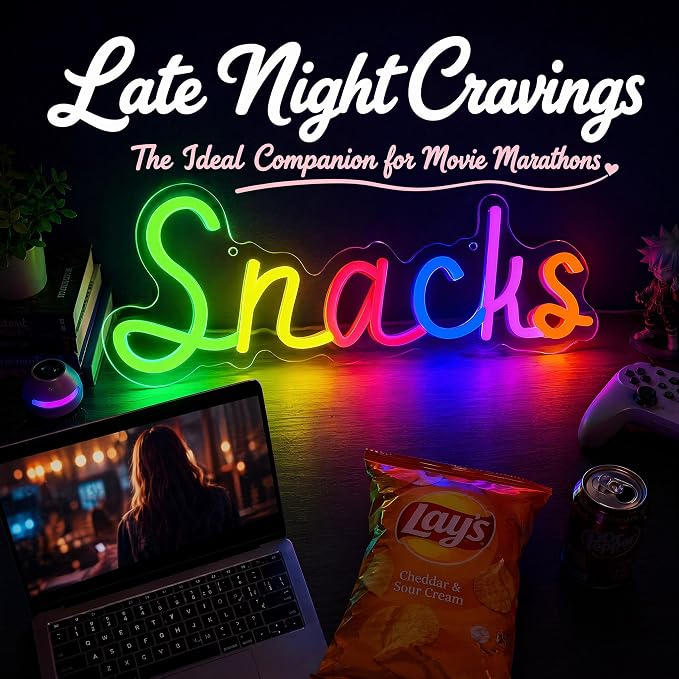 Snacks Neon Sign, Snack Bar Sign for Wall Decor, Candy Shop Movie Theater Decor, Dimmable USB Powered Colorful 15"x5.9"