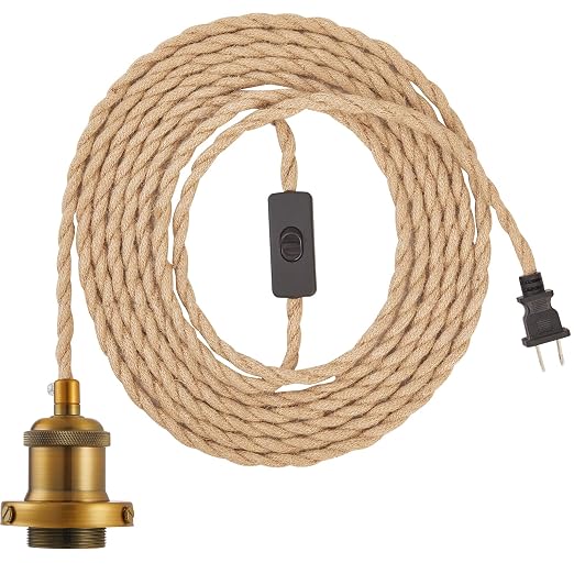 15.4ft Pendant Light Cord Kit, Industrial Vintage Plug in E26 Socket Hanging Light with Switch, Hemp Rope Hanging Light Fixture for Pendant Lamp Farmhouse Lamp Cable DIY