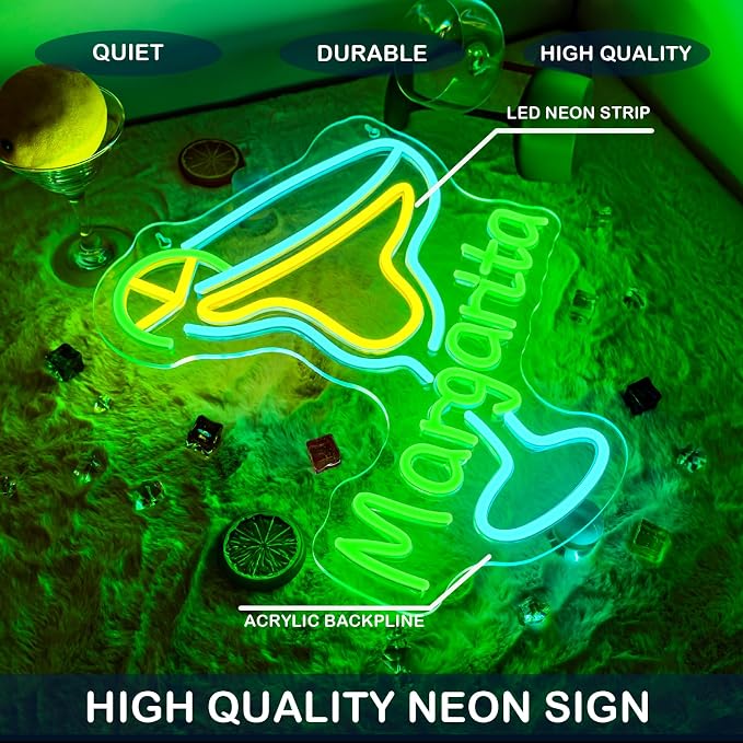 Margarita Neon Sign Tropical Light LED Wall Decor for Bars, Kitchen & Party Spaces Festive Cocktail Glass Design