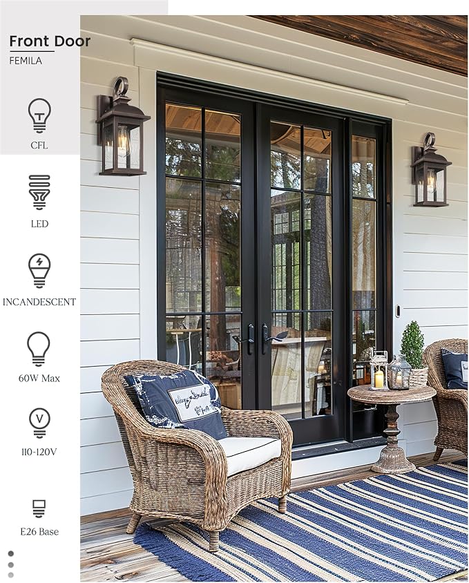 FEMILA 2-Pack Outdoor Wall Sconce Lights Oil Rubbed Bronze, 15" Exterior Outdoor Light Fixtures Wall Mount with Seeded Glass, for Front Porch Patio Garage, 4FD54B-2PK ORB