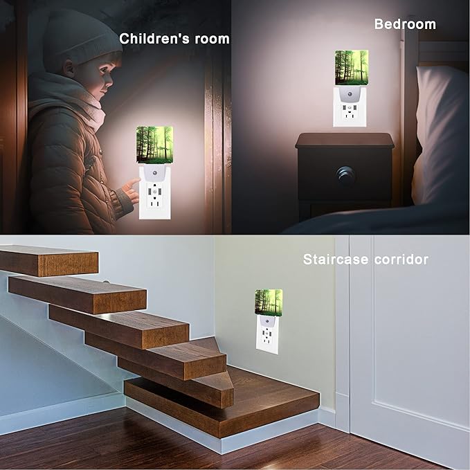 Misty Forest Night Light,Fantasy Green Tree Night Lights Plug into Wall with Dusk to Dawn Light Sensors 0.5W Dim Night-Lights for Bedroom