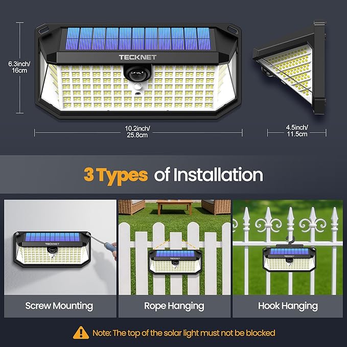 TECKNET 546 LEDs Motion Sensor Outdoor Lights with Remote Control & Hook,7500LM Solar Lights Outdoor with 2200mAh & IP66 Waterproof, 300° Angle & 3 Modes, Solar Lights for Patio Fence Garage 4 Pack
