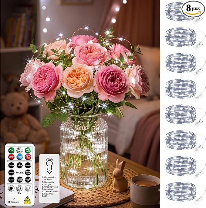8 Pack Rechargeable LED Fairy Lights 7Ft 20LED Battery Operated | 8 Modes, Remote & DIY Timer Mini Twinkle String Lights for Indoor Christmas Wedding Mason Jar Bedroom Table