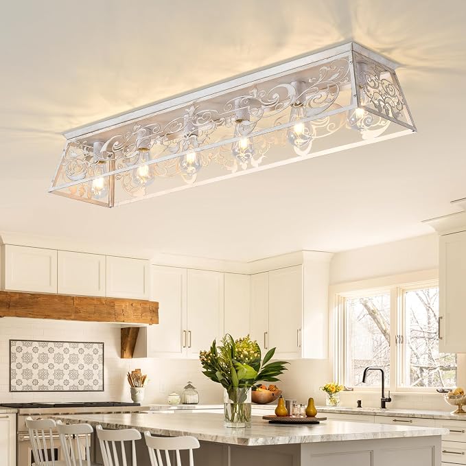 Garwarm 45 Inch 6-Light Rectangular Chandelier, Flush Mount Ceiling Light | Modern Dining Room Light Fixture, Kitchen Ceiling Light for Long Dining Tables, Kitchen Islands, Living Rooms Large Spaces