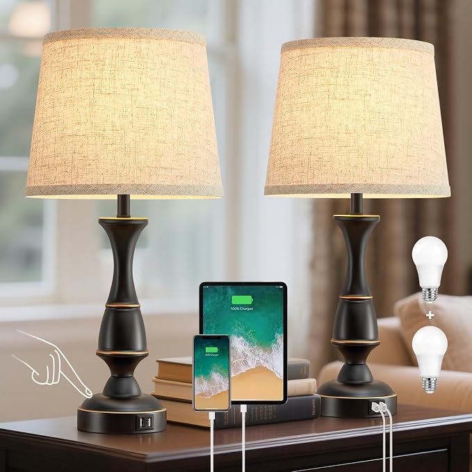 Luvkczc Touch Table Lamps Set of 2, 22" Tall Bedside Lamps with Dual USB A Ports, Dimmable Nightstand Lamps for Bedroom, Living Room, Office, Black Lamps with Beige Lampshade, Bulb Included