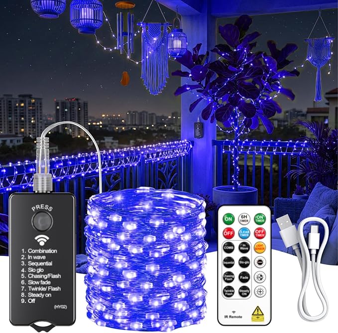 ZSJWL Rechargeable Fairy Lights with Remote，66ft 200 LED Outdoor Battery String Lights with DIY Timer & Light Sensor, Waterproof Dimmable Twinkle Light for Tree Christmas Indoor, Blue