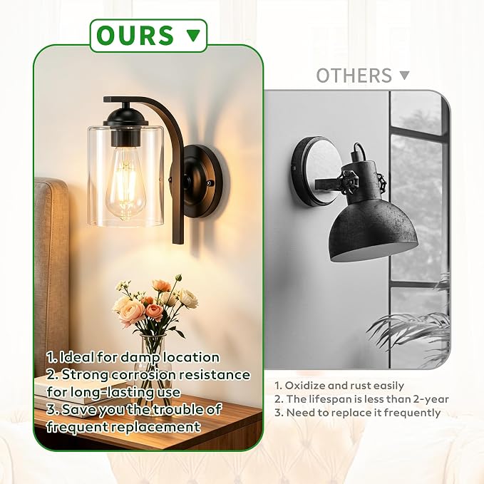Wall Sconces Lights Lamp for Bedroom Bathroom, Modern Vanity Light Fixtures, Matte Black Farmhouse Wall Mount Lighting Lanterns with Clear Glass Shade for Living Room Mirror Hallway Kitchen