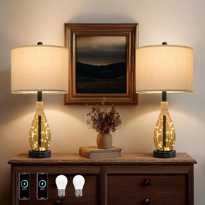 23" Table Lamps for Living Room Set of 2 Bedside Lamps for Night Stands Bedroom Lamps Farmhouse Rattan Boho Lamp Glass Nightlight End Table Lamp,Two Light Points