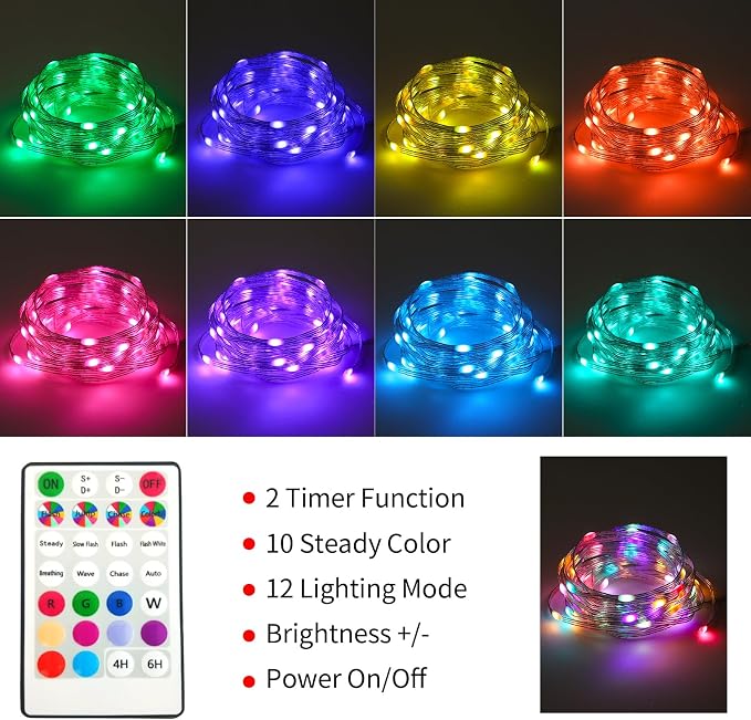 osteplus Fairy Lights Battery Operated String Lights Color Changing 2 Pack | 16.4FT Twinkle Lights with remote USB Plug or Battery Powered, Outdoor Christmas Decorations for Bedroom Wedding Party Indoor