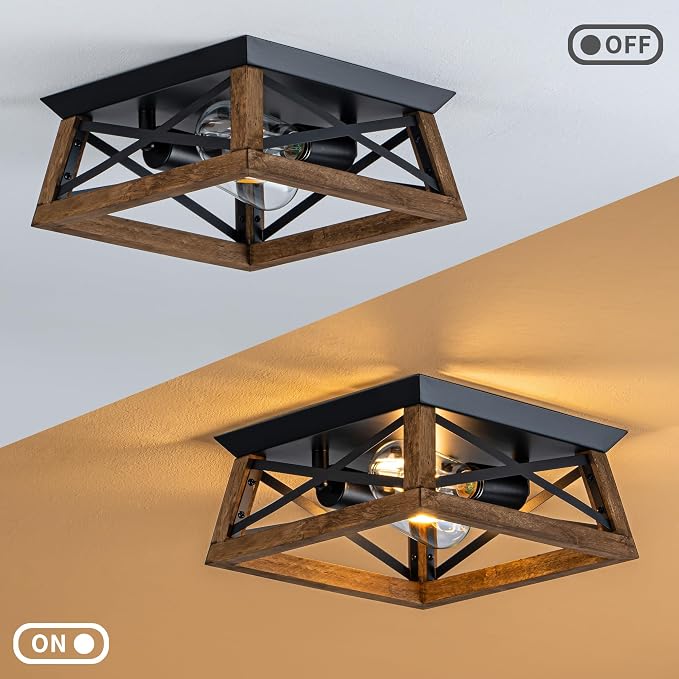 2-Light Farmhouse Light Fixture, Rustic Ceiling Light with Wood and Metal Design, Wood Ceiling Light for Kitchen, Hallway, Entryway, Cabinet, Living Room