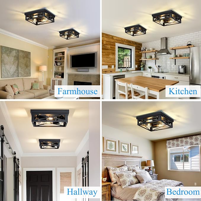 SKEJAO Black Flush Mount Ceiling Light Fixture,4-Light Square Hallway Light Fixtures Ceiling,Light Fixtures Ceiling Mount for Farmhouse,Kitchen,Hall,Bedroom (2 Pack)