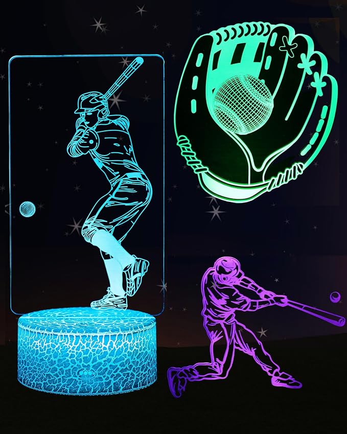Baseball 3D Illusion Night Light, 3 Patterns, Lamp Gift for Kid | 16 Colors Changing, Dimmable, Touch & Remote Control, Boy Girl Bedroom Room Décor, Birthday Christmas Toy Teen Sports Fan