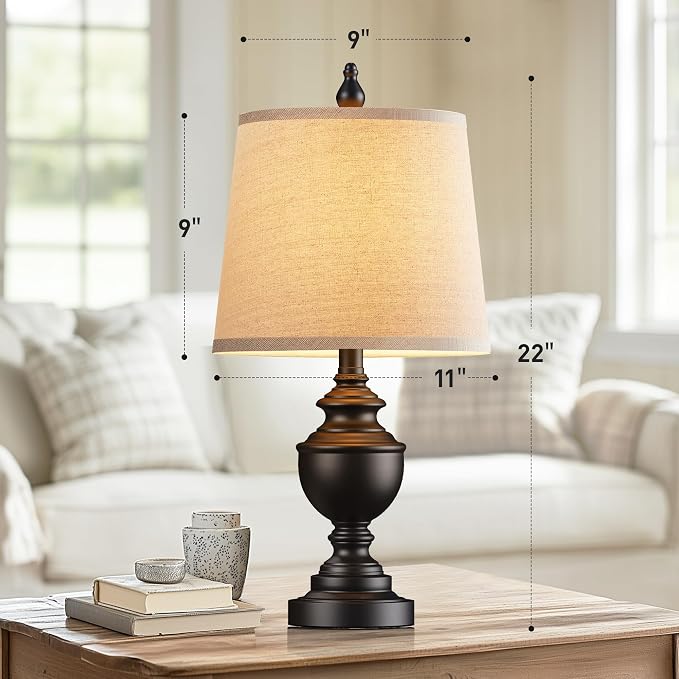Retro Table Lamps Set of 2, Bedside Lamp for Bedroom Rustic Farmhouse Table Lamps for Living Room, Vintage Nightstand Lamps with White Shades, Matte Black