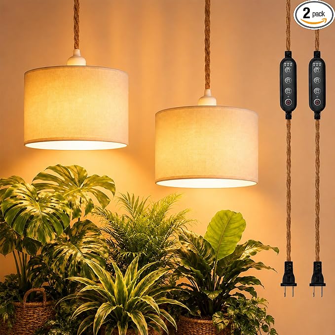 2 Pack Hanging Grow Light for Indoor Plants, Full Spectrum LED | with Timer, 3500K Decorative Hanging Lamp, 19.68FT Power Cord, For Living Room Bedroom Office Plant Shelf