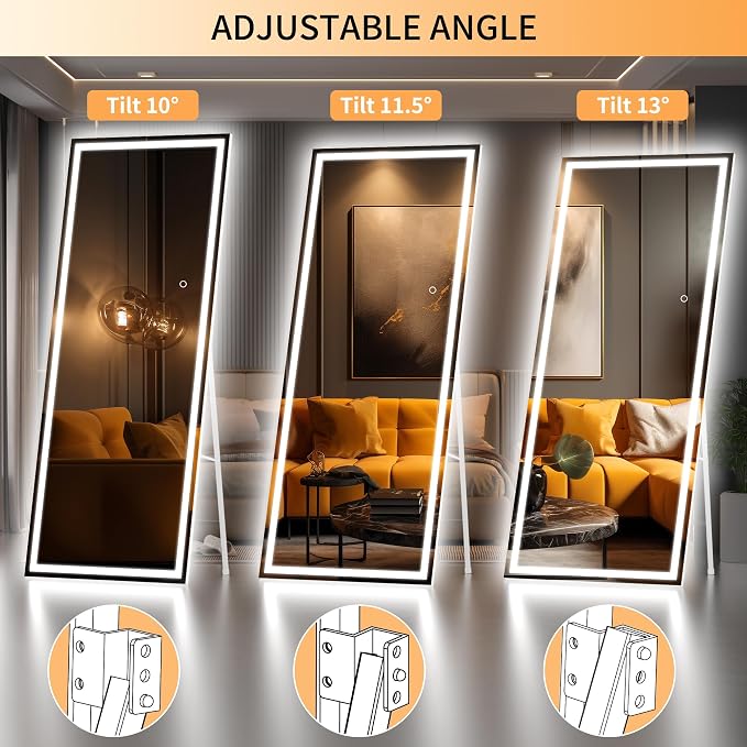 Hasipu Full Length Mirror with Lights, 67" x 24" LED Lighted Floor Standing, Full Body Dressing Hanging Mounted Mirror, Tempered Glass, Square White
